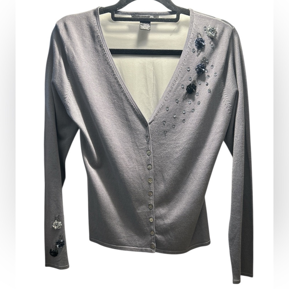 Sundance Silk Blend Embellished Gray/Silver Cardigan — Size Large